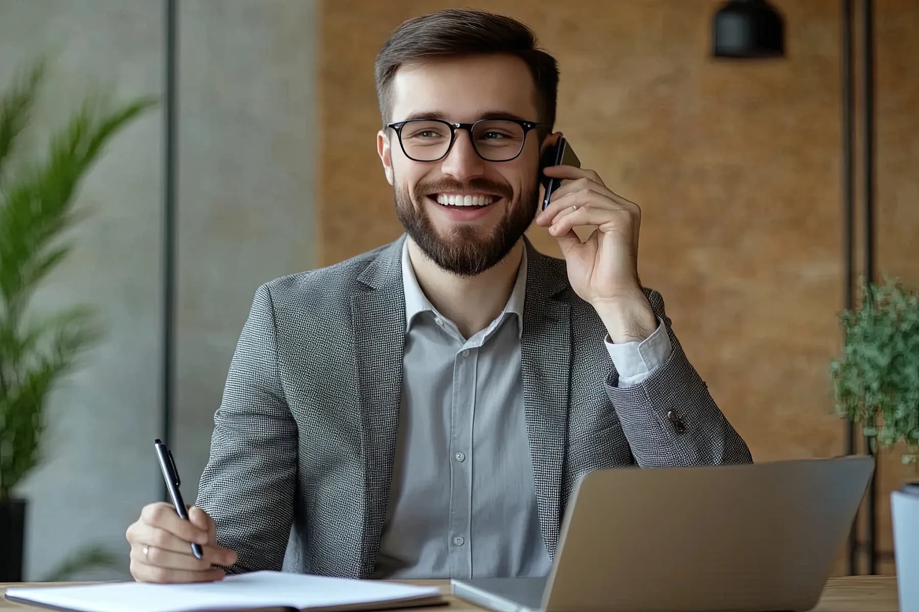 Homem sorrindo ao telefone em um escritório